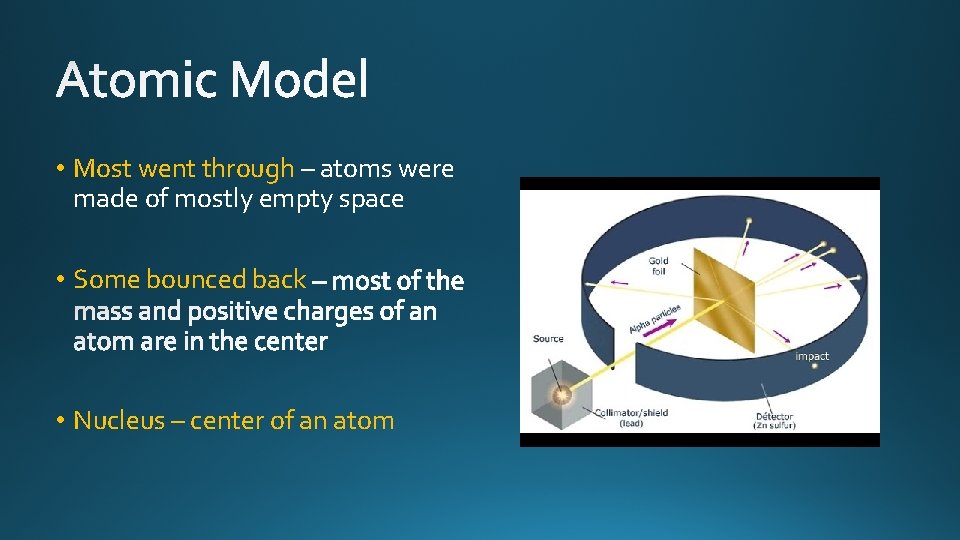  • Most went through – atoms were made of mostly empty space •