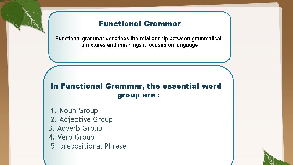 Functional Grammar Functional grammar describes the relationship between grammatical structures and meanings it focuses