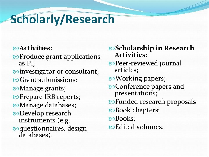 Scholarly/Research Activities: Produce grant applications as PI, investigator or consultant; Grant submissions; Manage grants;