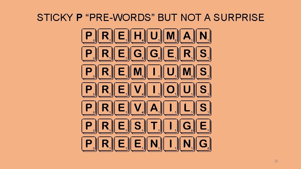 STICKY P “PRE-WORDS” BUT NOT A SURPRISE PREHUMAN PREGGERS PREMIUMS PREVIOUS PREVAILS PRESTIGE PREENING