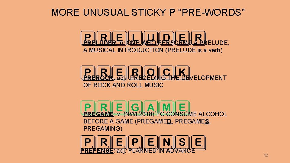 MORE UNUSUAL STICKY P “PRE-WORDS” PRELUDER: n. ONE WHO PERFORMS A PRELUDE, PRELUDER A
