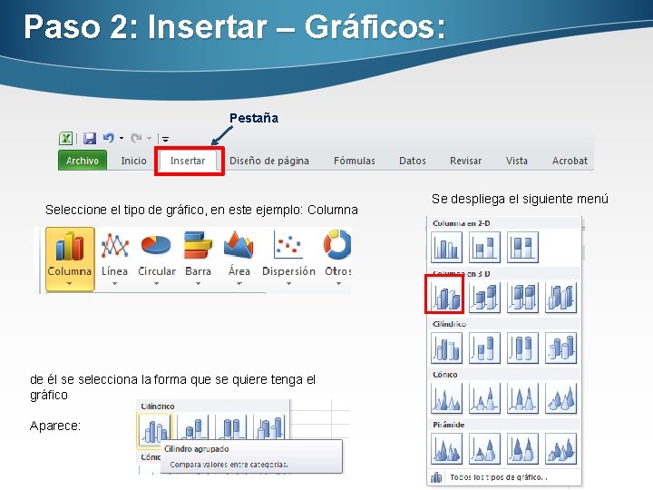 Paso 2: Insertar – Gráficos: Pestaña Seleccione el tipo de gráfico, en este ejemplo: