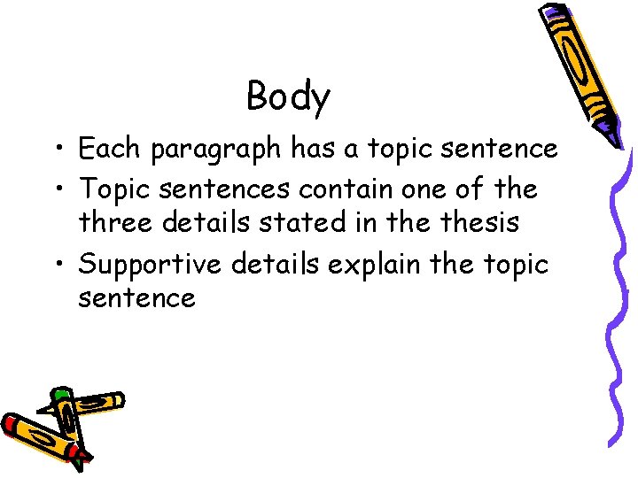 Body • Each paragraph has a topic sentence • Topic sentences contain one of