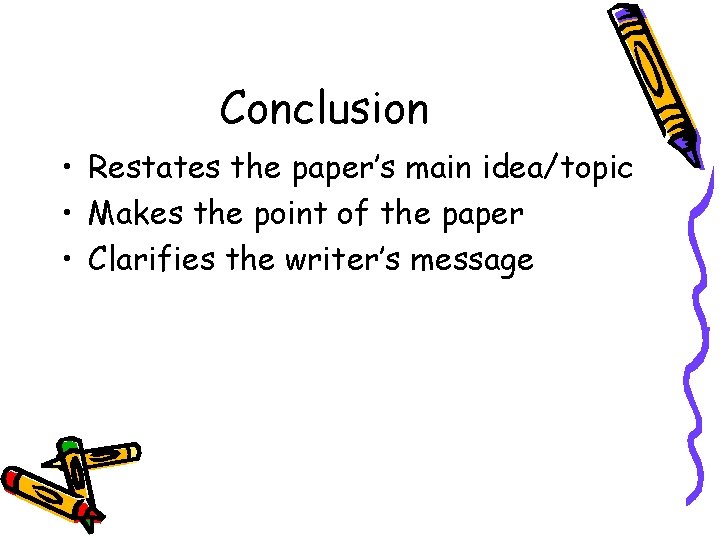 Conclusion • Restates the paper’s main idea/topic • Makes the point of the paper
