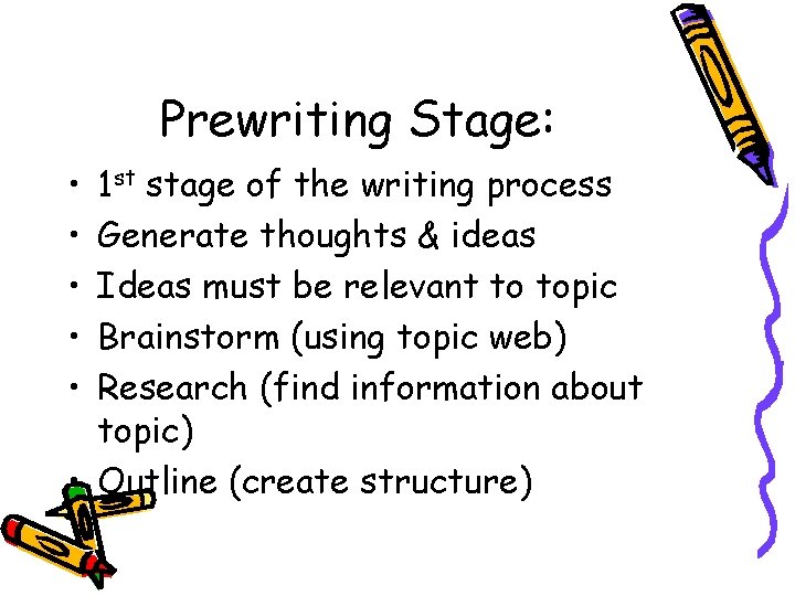 Prewriting Stage: • • • 1 st stage of the writing process Generate thoughts