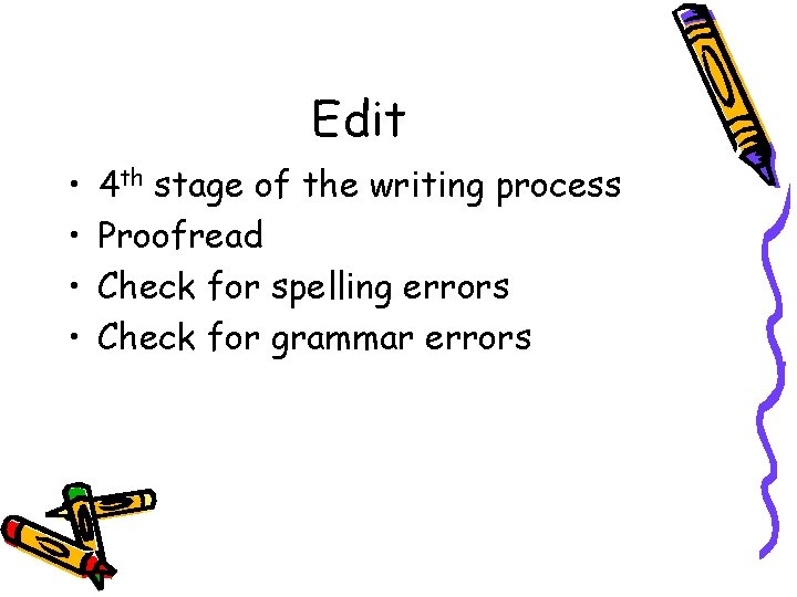 Edit • • 4 th stage of the writing process Proofread Check for spelling