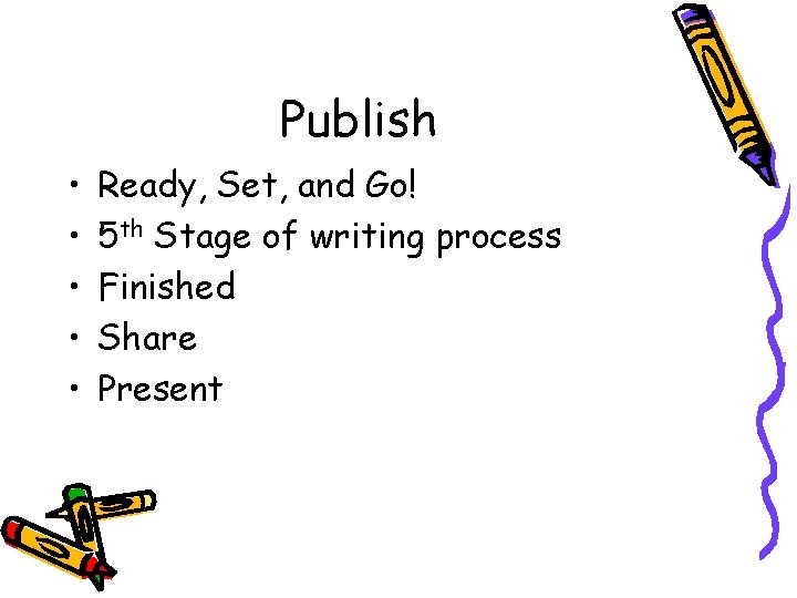 Publish • • • Ready, Set, and Go! 5 th Stage of writing process