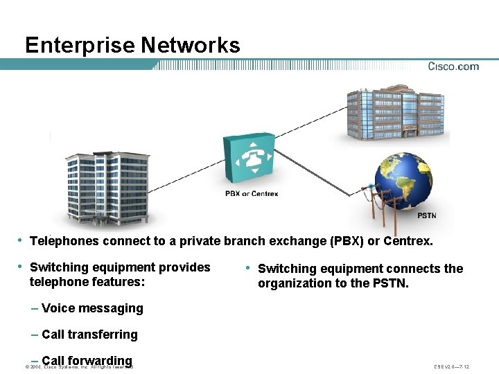 Enterprise Networks • Telephones connect to a private branch exchange (PBX) or Centrex. •