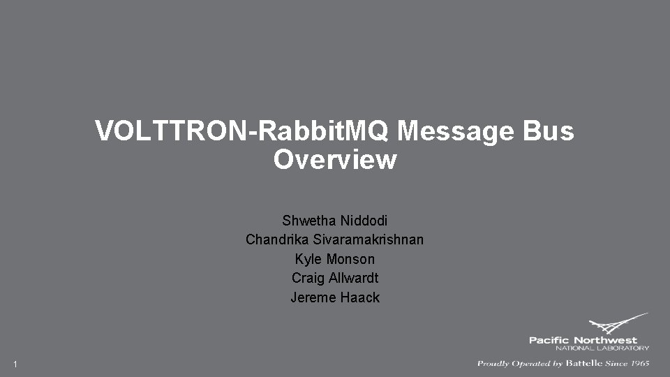 VOLTTRON-Rabbit. MQ Message Bus Overview Shwetha Niddodi Chandrika Sivaramakrishnan Kyle Monson Craig Allwardt Jereme