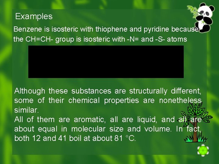 Examples Benzene is isosteric with thiophene and pyridine because the CH=CH- group is isosteric