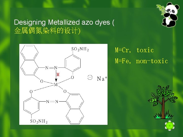 Designing Metallized azo dyes ( 金属偶氮染料的设计) M=Cr, toxic M=Fe, non-toxic M 