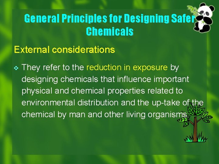 General Principles for Designing Safer Chemicals External considerations v They refer to the reduction