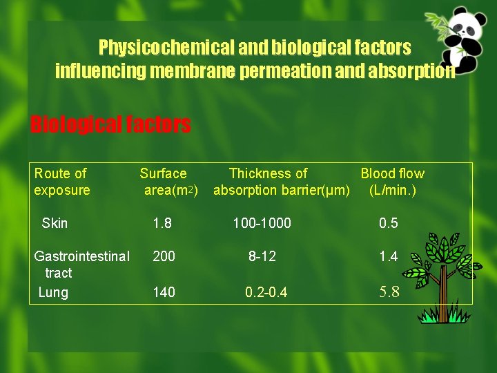 Physicochemical and biological factors influencing membrane permeation and absorption Biological factors Route of exposure