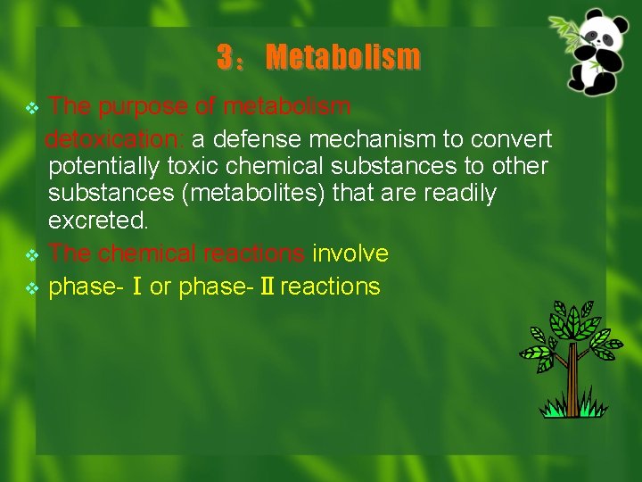 3：Metabolism The purpose of metabolism detoxication: a defense mechanism to convert potentially toxic chemical