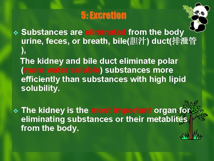 5: Excretion v Substances are eliminated from the body urine, feces, or breath, bile(胆汁)