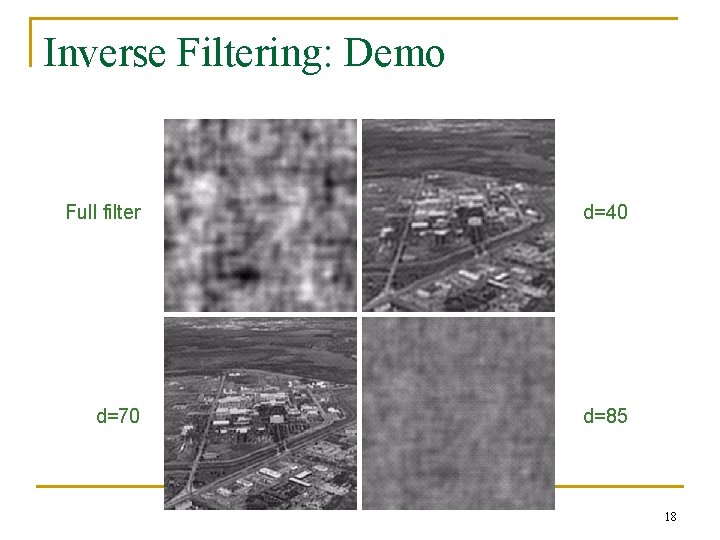 Inverse Filtering: Demo Full filter d=40 d=70 d=85 18 