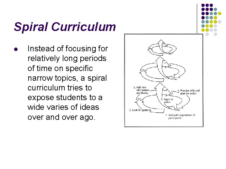 Spiral Curriculum l Instead of focusing for relatively long periods of time on specific