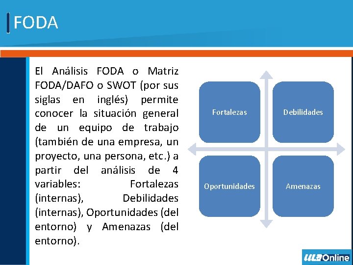 FODA El Análisis FODA o Matriz FODA/DAFO o SWOT (por sus siglas en inglés)