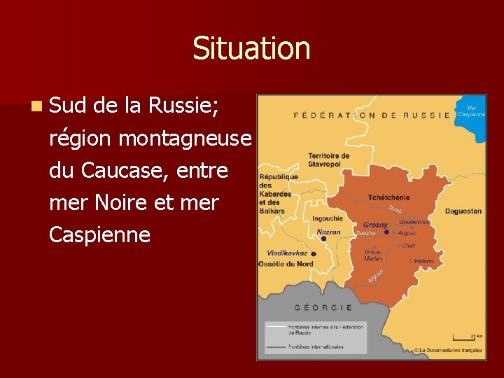 Situation n Sud de la Russie; région montagneuse du Caucase, entre mer Noire et