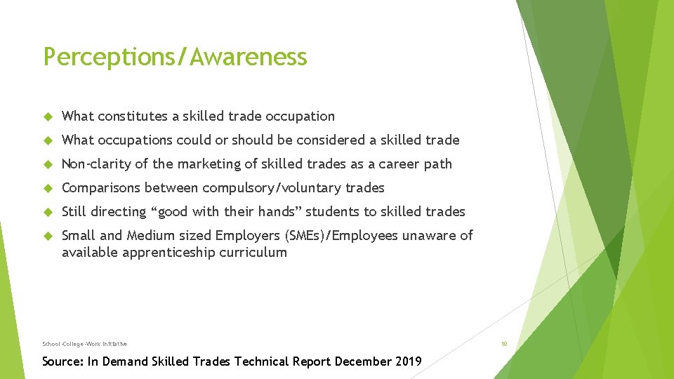 Perceptions/Awareness What constitutes a skilled trade occupation What occupations could or should be considered