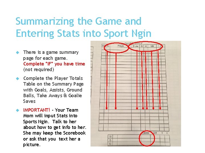 Summarizing the Game and Entering Stats into Sport Ngin There is a game summary