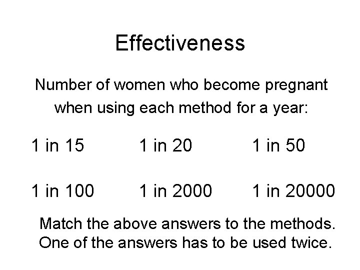 Effectiveness Number of women who become pregnant when using each method for a year: