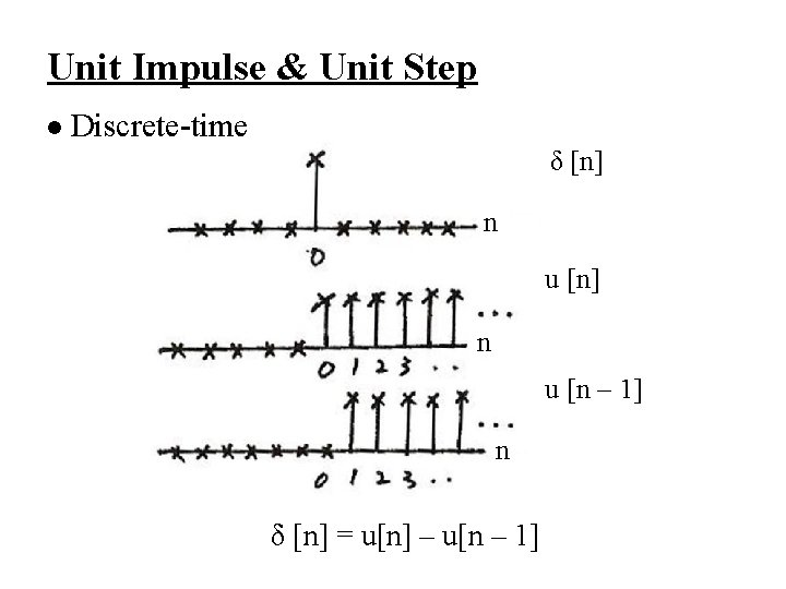 Unit Impulse & Unit Step l Discrete-time δ [n] n u [n – 1]