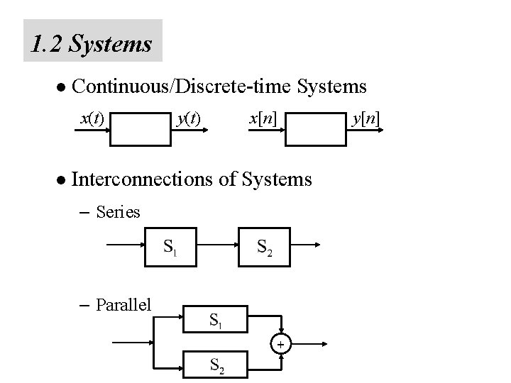 1. 2 Systems l Continuous/Discrete-time Systems x(t) l y(t) x[n] Interconnections of Systems –