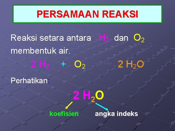PERSAMAAN REAKSI Reaksi setara antara H 2 dan O 2 membentuk air. 2 H