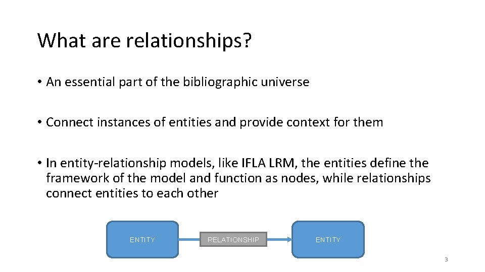 What are relationships? • An essential part of the bibliographic universe • Connect instances