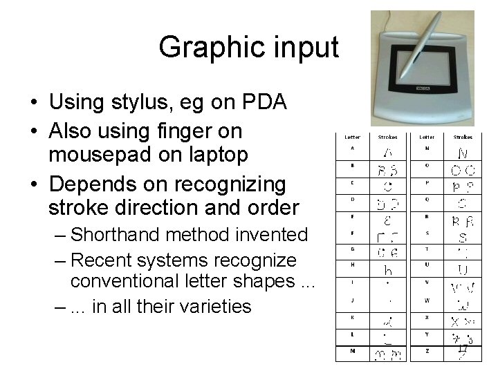 Graphic input • Using stylus, eg on PDA • Also using finger on mousepad