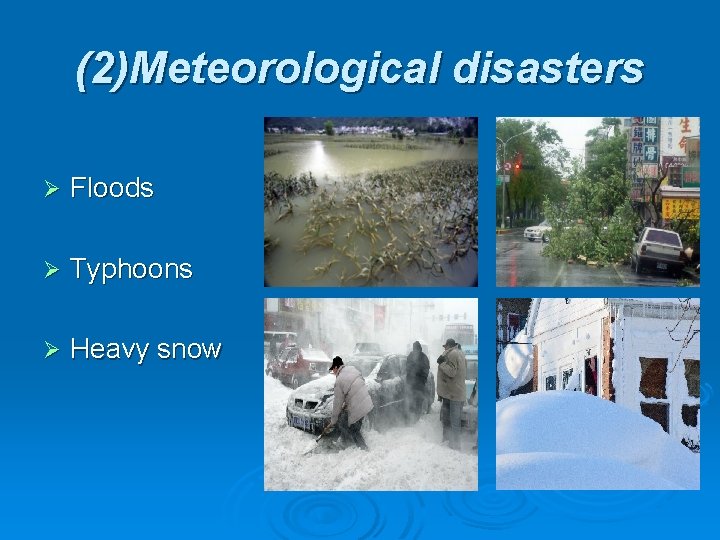 (2)Meteorological disasters Ø Floods Ø Typhoons Ø Heavy snow 