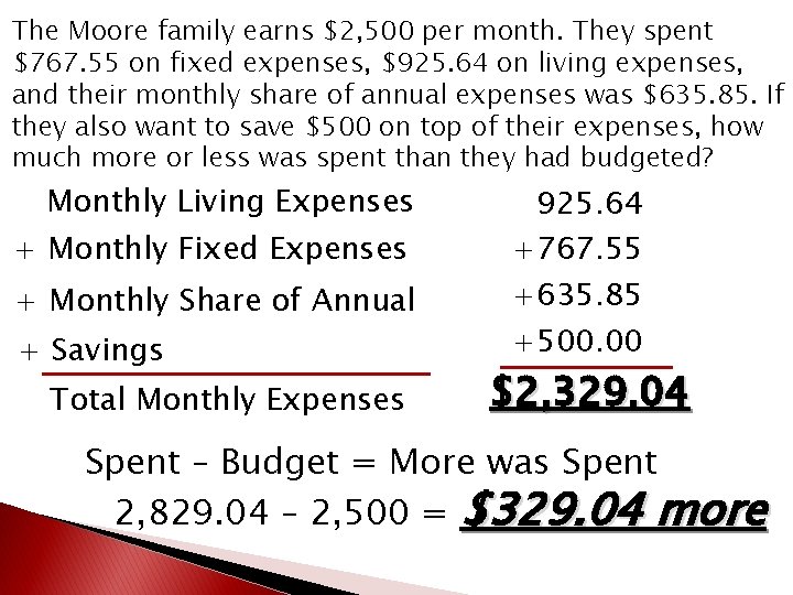 The Moore family earns $2, 500 per month. They spent $767. 55 on fixed