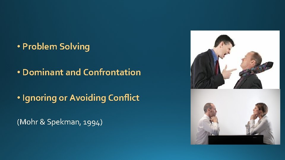  • Problem Solving • Dominant and Confrontation • Ignoring or Avoiding Conflict (Mohr