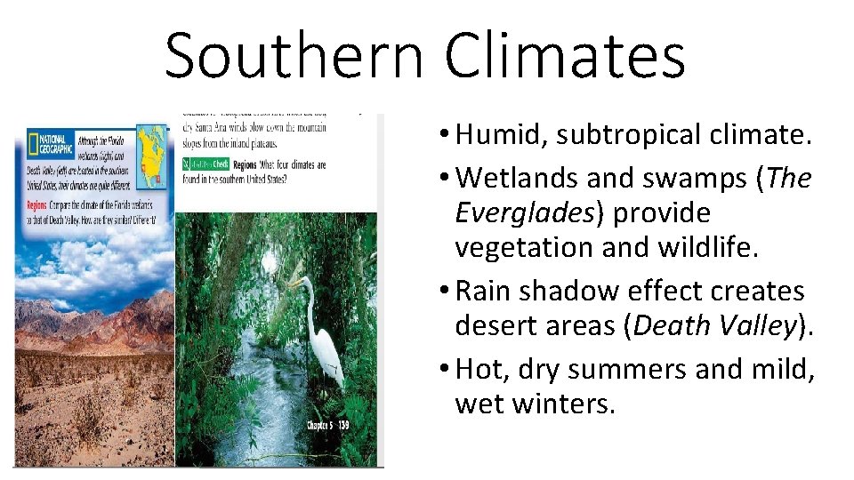 Southern Climates • Humid, subtropical climate. • Wetlands and swamps (The Everglades) provide vegetation