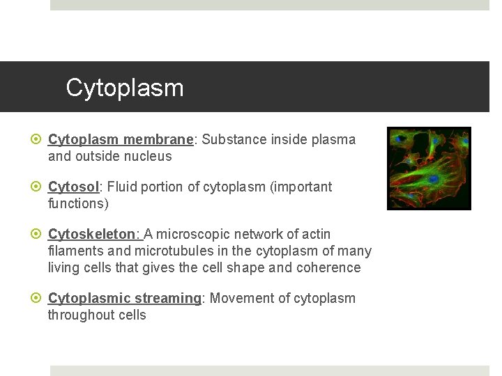 Cytoplasm membrane: Substance inside plasma and outside nucleus Cytosol: Fluid portion of cytoplasm (important