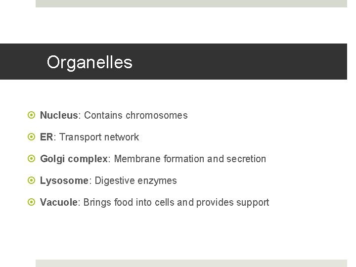 Organelles Nucleus: Contains chromosomes ER: Transport network Golgi complex: Membrane formation and secretion Lysosome: