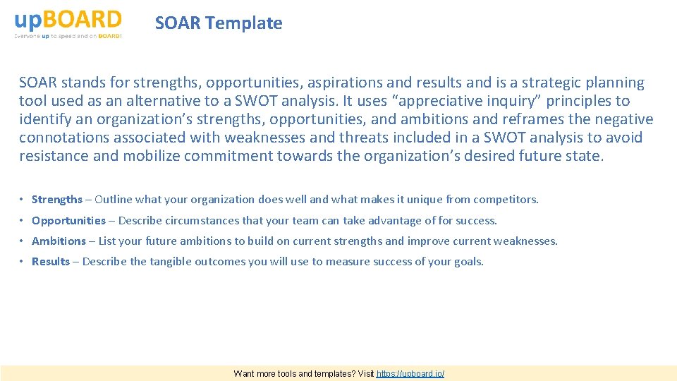 SOAR Template SOAR stands for strengths, opportunities, aspirations and results and is a strategic
