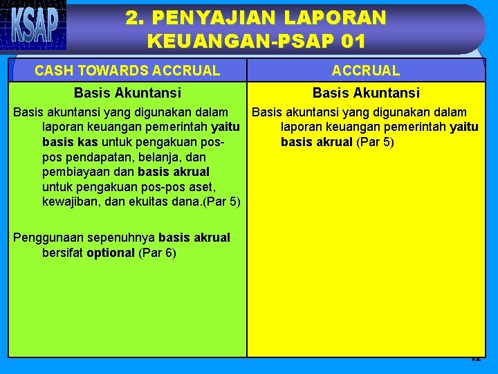 2. PENYAJIAN LAPORAN KEUANGAN-PSAP 01 CASH TOWARDS ACCRUAL Basis Akuntansi Basis akuntansi yang digunakan