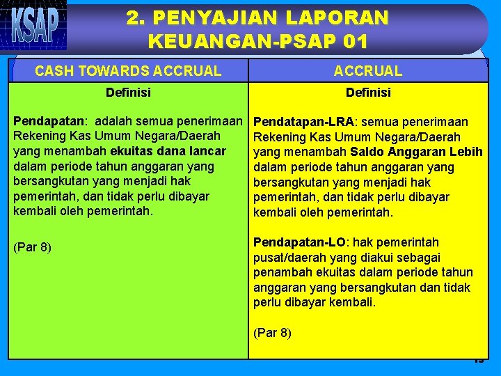 2. PENYAJIAN LAPORAN KEUANGAN-PSAP 01 CASH TOWARDS ACCRUAL Definisi Pendapatan: adalah semua penerimaan Rekening