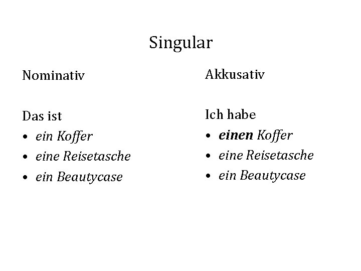 Singular Nominativ Akkusativ Das ist • ein Koffer • eine Reisetasche • ein Beautycase