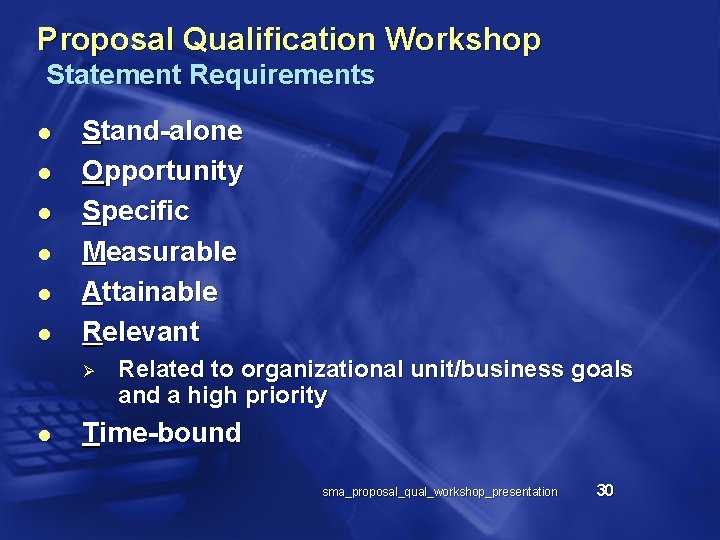Proposal Qualification Workshop Statement Requirements l l l Stand-alone Opportunity Specific Measurable Attainable Relevant