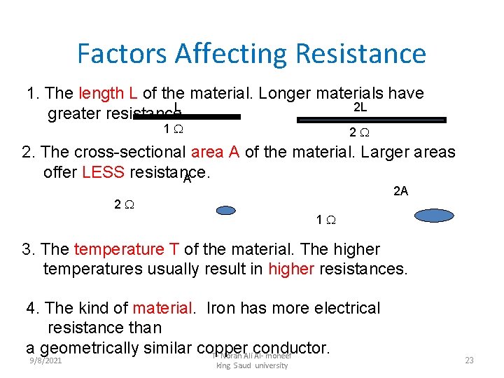 Factors Affecting Resistance 1. The length L of the material. Longer materials have L
