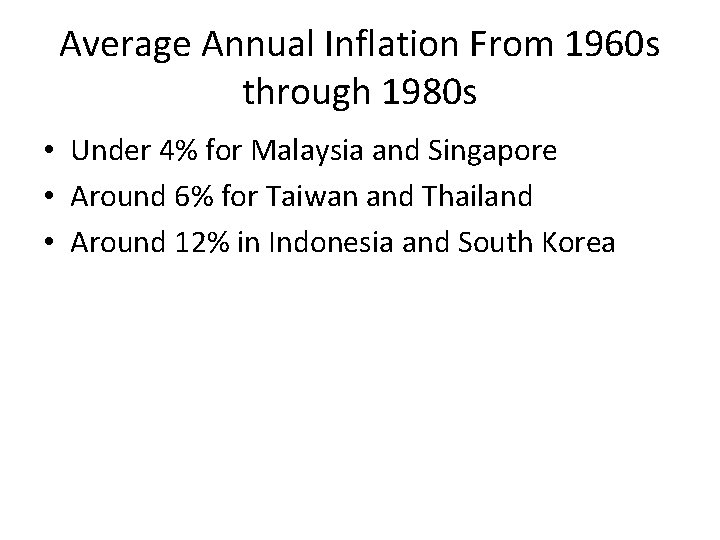 Average Annual Inflation From 1960 s through 1980 s • Under 4% for Malaysia