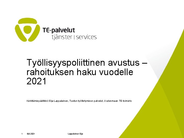 Työllisyyspoliittinen avustus – rahoituksen haku vuodelle 2021 Kehittämispäällikkö Eija Lappalainen, Tuetun työllistymisen palvelut, Uudenmaan