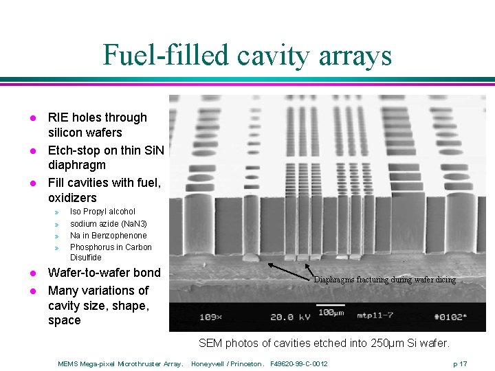 Fuel-filled cavity arrays l l l RIE holes through silicon wafers Etch-stop on thin