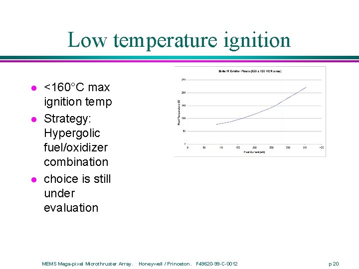 Low temperature ignition l l l <160°C max ignition temp Strategy: Hypergolic fuel/oxidizer combination