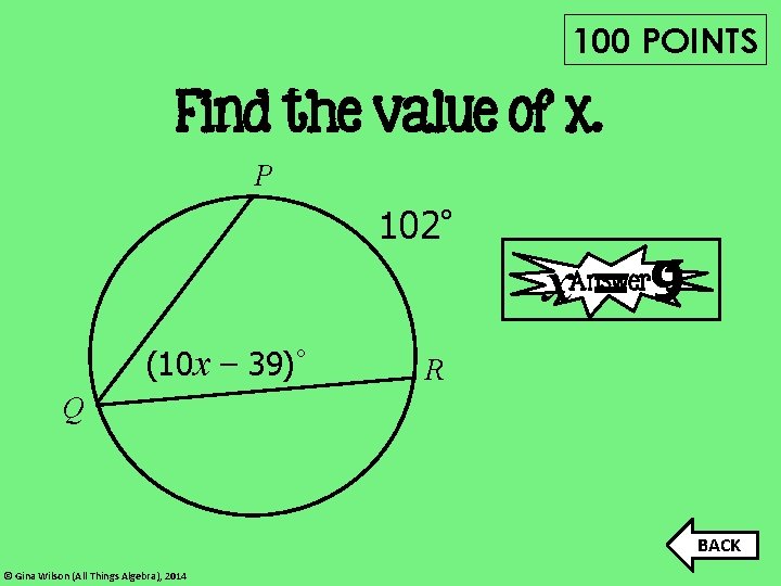 100 POINTS Find the value of x. P 102° x=9 Answer (10 x –