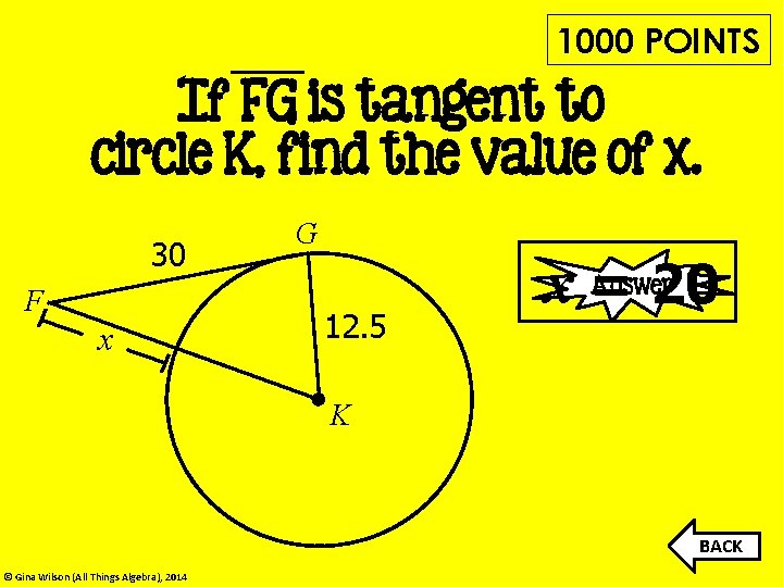 1000 POINTS If FG is tangent to circle K, find the value of x.
