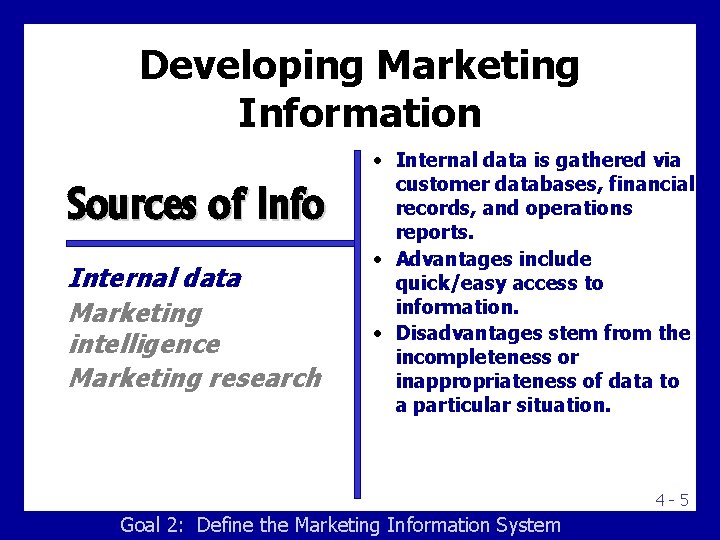 Developing Marketing Information Sources of Info Internal data Marketing intelligence Marketing research • Internal